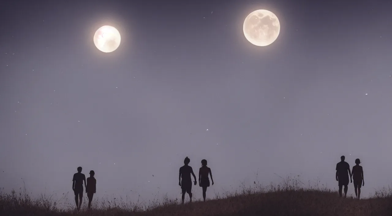 Image similar to a couple walking in the middle of fireflies the color of the moon, cinematic lighting, wow, establishing shot