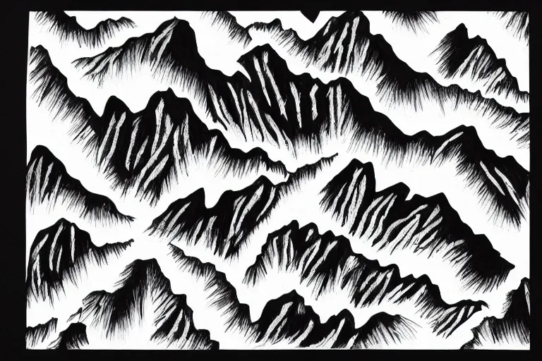 Prompt: two mountain ranges made out of paper crashing into each other violently, black and white, botanical illustration, black ink on white paper, bold lines