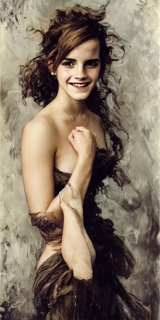 Prompt: emma watson smiling smiling smiling detailed portrait curly updo wet hair painting by gaston bussiere craig mullins j. c. leyendecker photograph by richard avedon peter lindbergh annie leibovitz