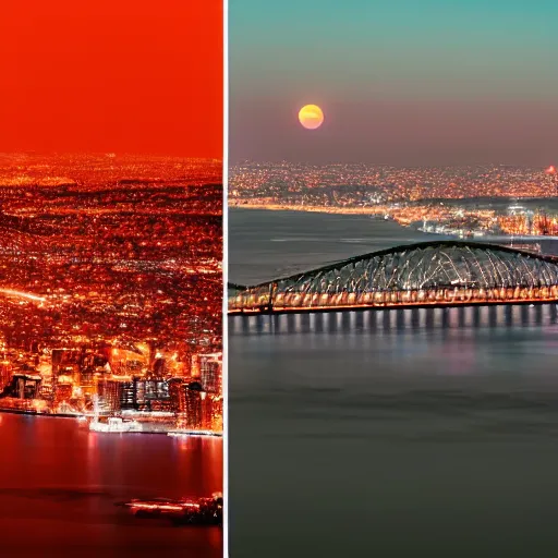 Image similar to two modern cities at night separated by a bay reflecting a red moon, connected by two bridges