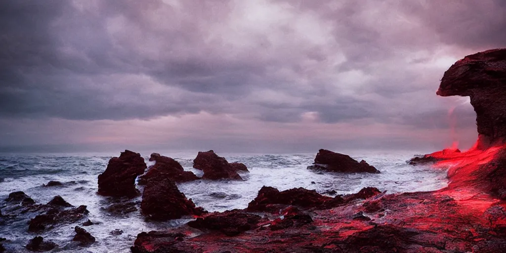 Prompt: beautifully hellish seascape photography by carr clifton, by galen rowell # film kodak ektar 8 k resolution ; night on a fantasy world, concept art by daniel lieske, by dan witz 8 k 3 d 1 6 k,