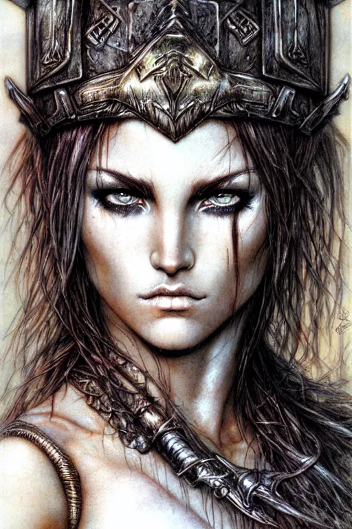 Prompt: head and shoulders portrait of a barbarian, female, high fantasy, d & d, by luis royo, face details, extremely detailed, digital illustration