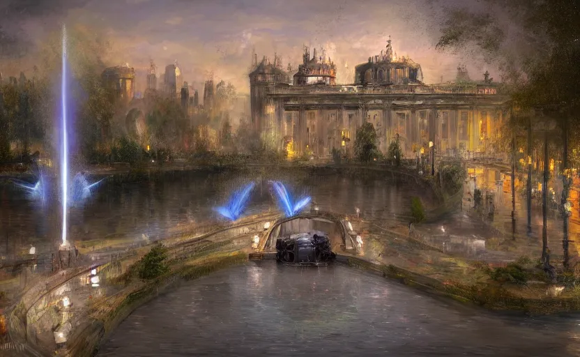 Image similar to An urban train rides inside of a waterway on a fantasy city, next to a fountain and a mystical palace. By Konstantin Razumov, Fractal flame, chiaroscuro, highly detailded