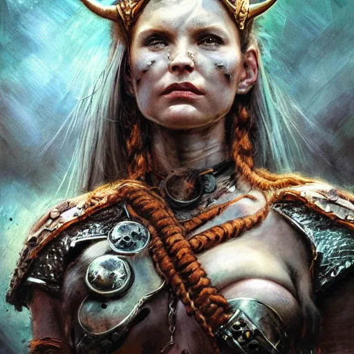 Prompt: Official photo of a majestic fierce viking woman, leader, fear, scarred, highly detailed, viking attire, cinematic, 8k, 1080s, by Stanley Artgermm, Tom Bagshaw, Greg Rutkowski, Vincent di Fate, Carne Griffiths, Ayami Kojima, trending on DeviantArt, hyper detailed, full of color, digital art,