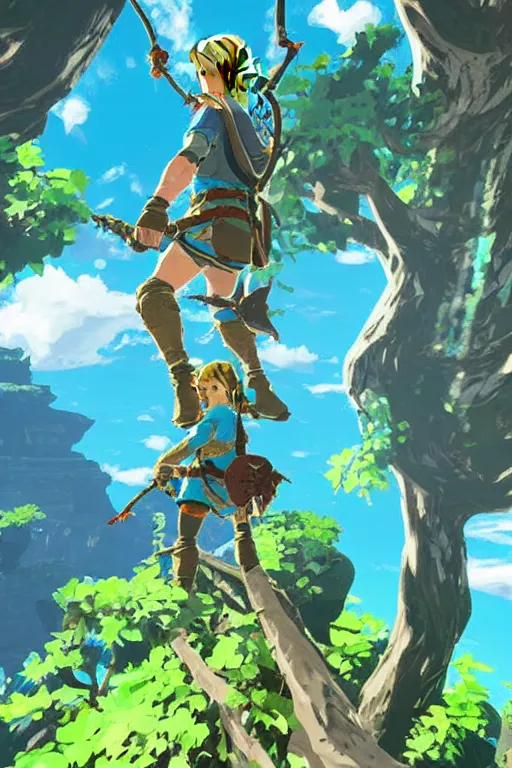 Image similar to in game footage of link from the legend of zelda breath of the wild climbing q tree, breath of the wild art style.