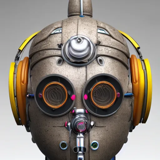 Prompt: a detailed claymodel of a dieselpunk rococo robot head wearing multicolored wires and headphone, 8 k, front view, symetrical, flourescent colors, halluzinogenic, multicolored, exaggerated detailed, front shot, 3 d render, octane