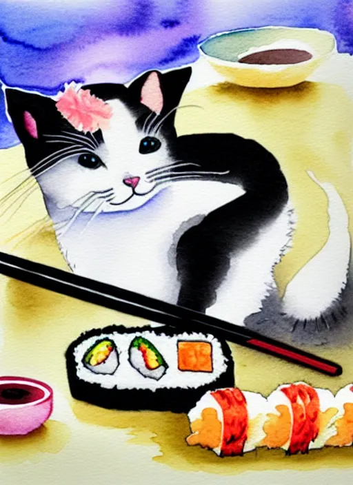 Image similar to cute cats and sushi watercolour