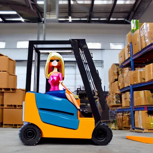 Prompt: barbie doll in construction gear, driving a fork - lift, in front of a large warehouse