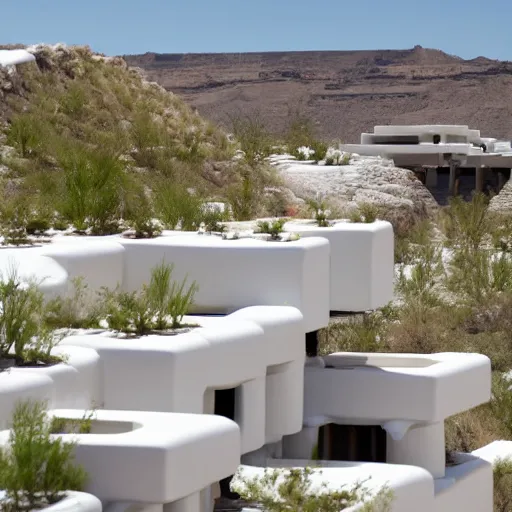 Image similar to habitat 6 7, white lego architect hotel in the dessert, many plants and infinite pool