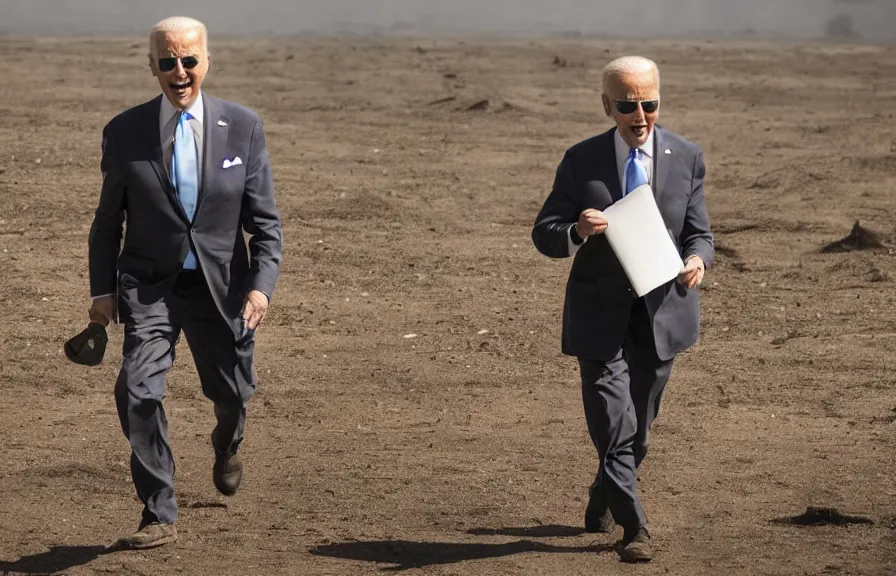 Prompt: a color photo of joe biden walking in a wasteland