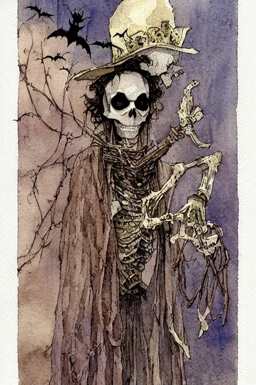 Image similar to a simple and atmospheric watercolour portrait of a skeleton king on halloween, very muted colors, by rebecca guay, michael kaluta, charles vess and jean moebius giraud