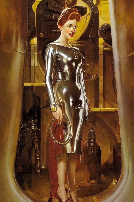 Image similar to 5 0 s pulp scifi fantasy illustration full body portrait slim mature woman in leather spacesuit in palace throne room, by norman rockwell, roberto ferri, daniel gerhartz, edd cartier, jack kirby, howard v brown, ruan jia, tom lovell, frank r paul, jacob collins, dean cornwell, astounding stories, amazing, fantasy, other worlds