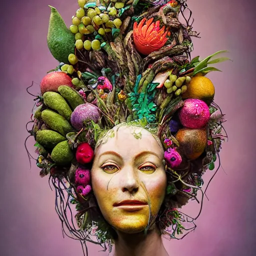 Prompt: eadshot of a trickster nature women, head made of fruit and flowers in the style of arcimboldo, fragonard, covered with tendrils and snail shells, oil painting, ethereal, atmospheric lighting, action figure, clay sculpture, claymation, turquoise pink and green, botanical rainbow backdrop