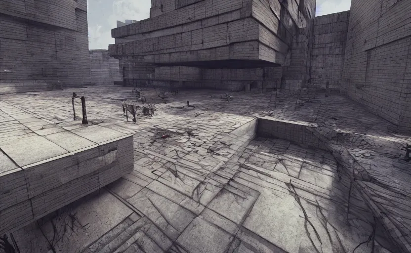 Image similar to Brutalist architecture buildings, unreal engine, artstation trending, horror scene, highly detailded