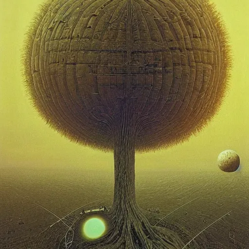 Image similar to giant alien megastructure in space, eclipsing planets, giant trees and plants growing, stretching far as the eye can see, highly detailed beksinski painting