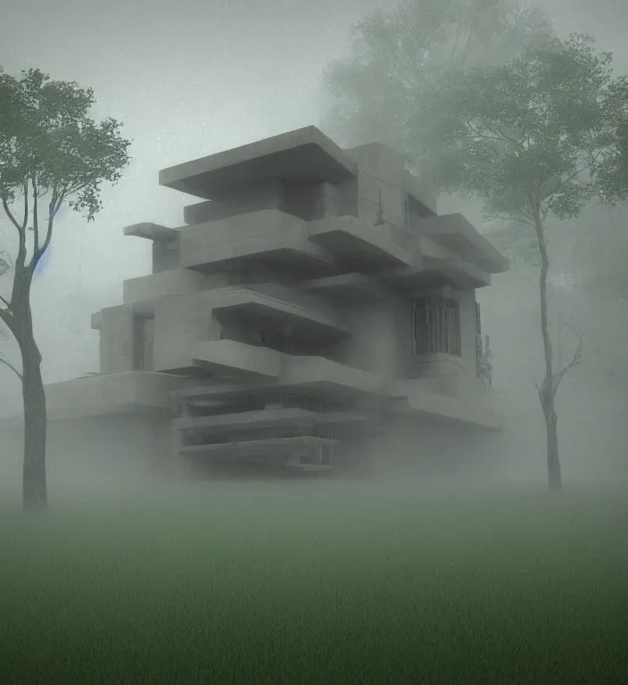 Prompt: a house by frank lloyd wright, silent hill 1, resident evil 1, syphon filter, first playstation graphics, pixelated, fog, green grass, grey sky, raining, pixel rain, stunning, unsharp mask, low resolution, 9 0 s games,