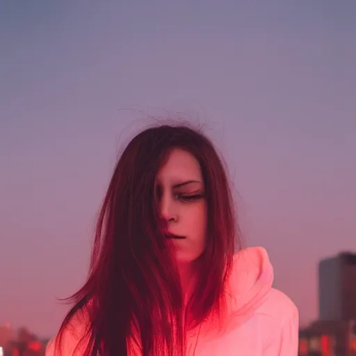 Image similar to realistic fantasy portrait of sad girl brown hair in neon light, big city