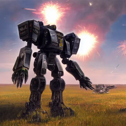 Prompt: an ultra - detailed realistic cinematic shot of a mech fighting it's final battle against a backdrop of explosions on the plains of the american midwest, mechwarrior, hyper realism, highly detailed, art, substance painter realistic mech surface metal painted scratches, 8 k