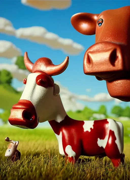 Image similar to highly detailed closeup, face profile portrait of a retro 1 9 5 0 s tin toy cow chewing cud on pasture, dream bubbles, unreal engine, nicoletta ceccoli, mark ryden, earl norem, lostfish, global illumination, detailed and intricate environment