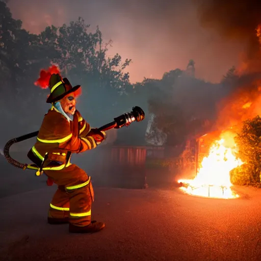 Prompt: photo of a clown using a flamethrower. In the background there is a house fire. award-winning, highly-detailed, 8K