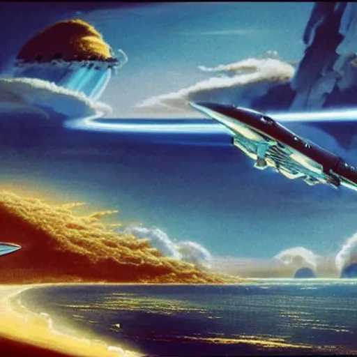 Image similar to beautiful matte painting of golden shores of a blue dreamy ocean, heavenly island in the clouds floating above the ocean, spaceship flying by, towering mountains emerging from the ocean, entrance to a city, sci - fi, daylight, blue sky, cinematic lighting, cinematic perspective, syd mead, john harris, federico pelat