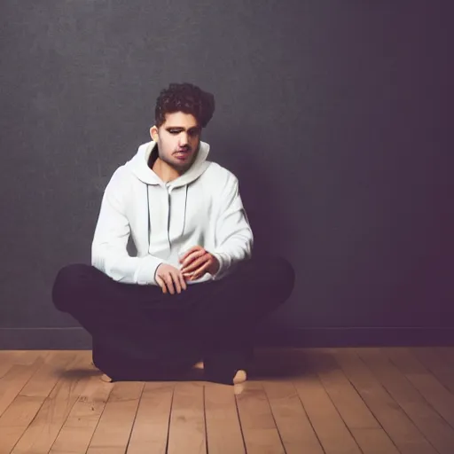 Prompt: guy in white hoodie sitting alone at a wooden table. black background