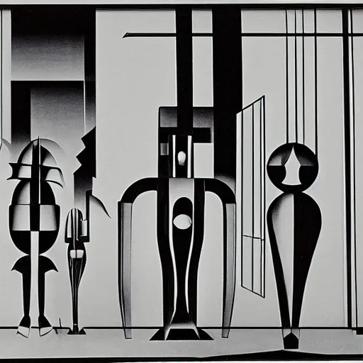 Image similar to strange beings in a common space, Oskar Schlemmer, futurism, Bauhaus