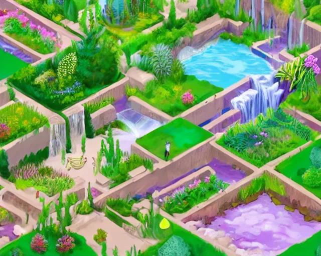 Prompt: Hidden gardens in 4th dimension, isometric, impossible architecture, waterfalls, relaxing, pastel colors