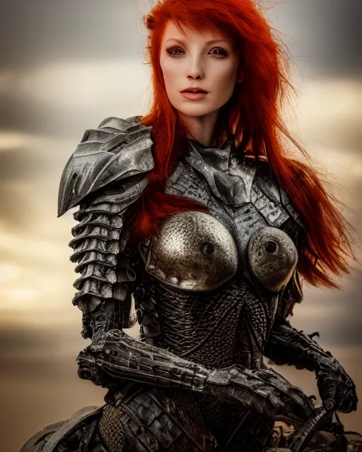 Image similar to 5 5 mm portrait photo of an armored redhead woman with a lizard sitting on her shoulder by luis royo. highly detailed 8 k. intricate. lifelike. soft light. nikon d 8 5 0. cinematic post - processing