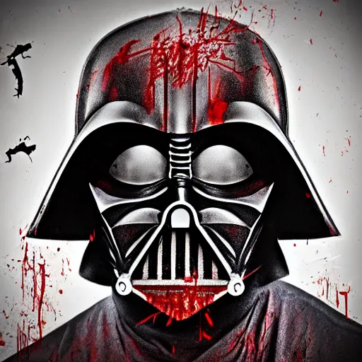 Image similar to darth vader with his mask off his face is rotting zombie face with holes and fat and tissue and blood showing from battle wounds cinematic hdr