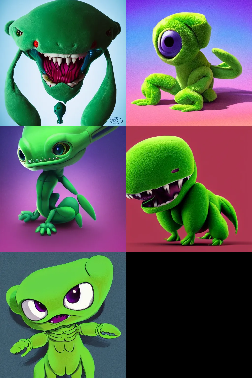 Prompt: a green plush toy that resembles an alien creature, stylized painting, expressive, cute, Disney, Capcom, SNK, Studio Trigger, Studio Ghibli, 4k, 8k