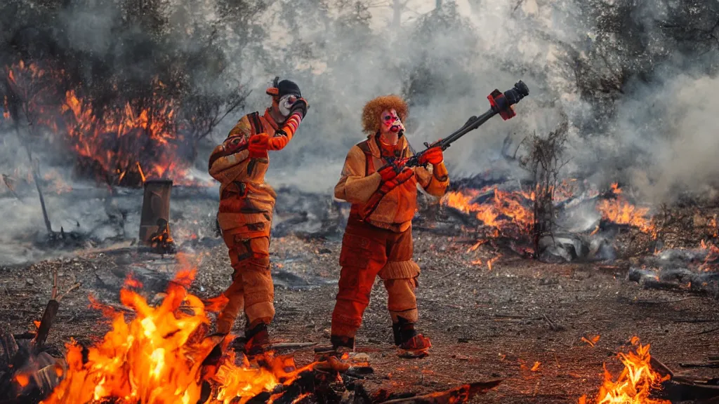 Image similar to photo of a clown using a flamethrower next to a fire. Daylight. award-winning, highly-detailed, 8K