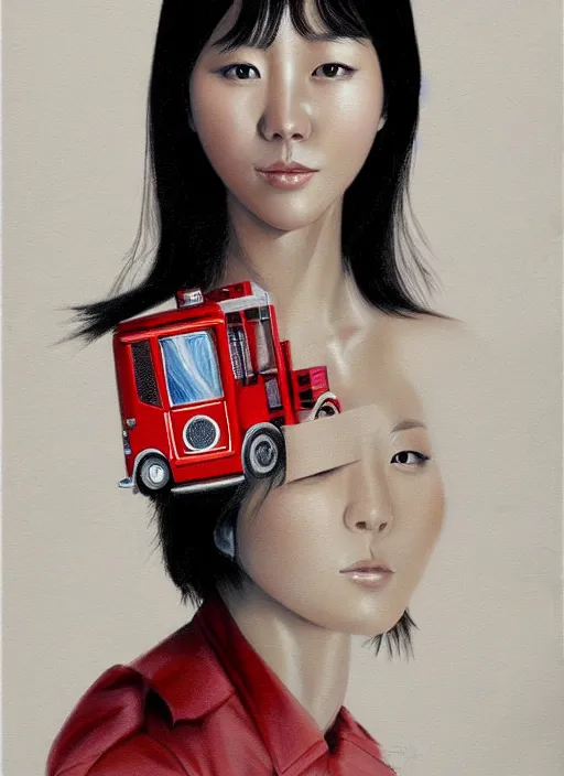 Image similar to a portrait of a korean woman merged with a fire truck, art by boris vallejo and greg danton and denys tsiperko, detailed, hyperrealism, artstation