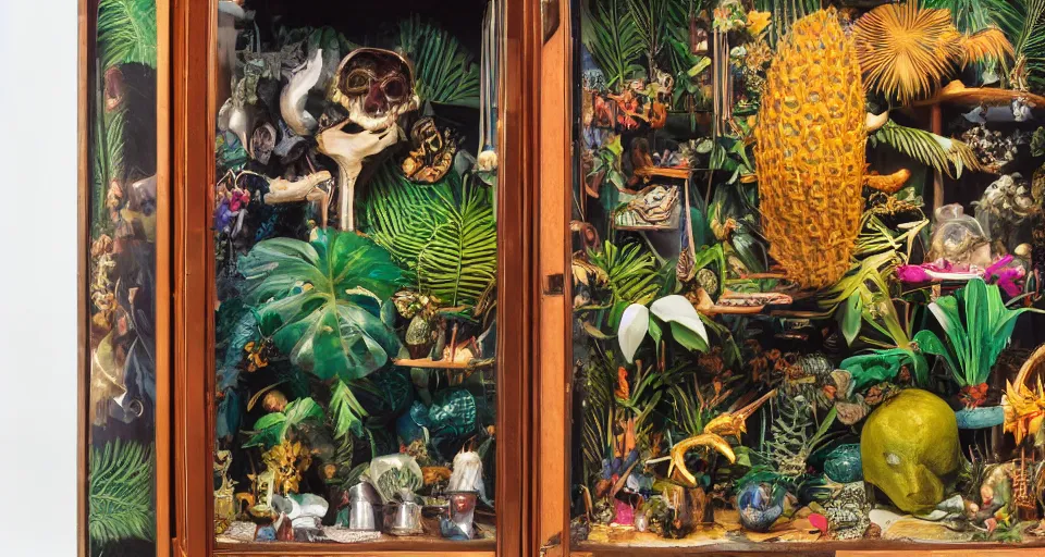 Prompt: A cabinet of wonder with a tropical collection of objects, 8K, realistic picture, exhibition catalogue, landscape, artificial, neon white illumination