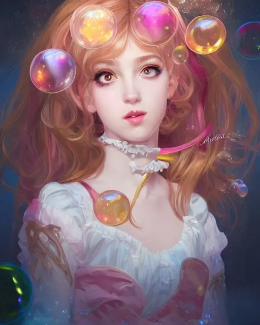 Image similar to portrait of magical lolita girl, dreamy and ethereal, expressive pose, big gold eyes, exciting expression, fantasy, intricate, elegant, many rainbow bubbles, rose tones, highly detailed, digital painting, artstation, concept art, cyberpunk wearing, smooth, sharp focus, illustration, art by artgerm and greg rutkowskiand alphonse mucha