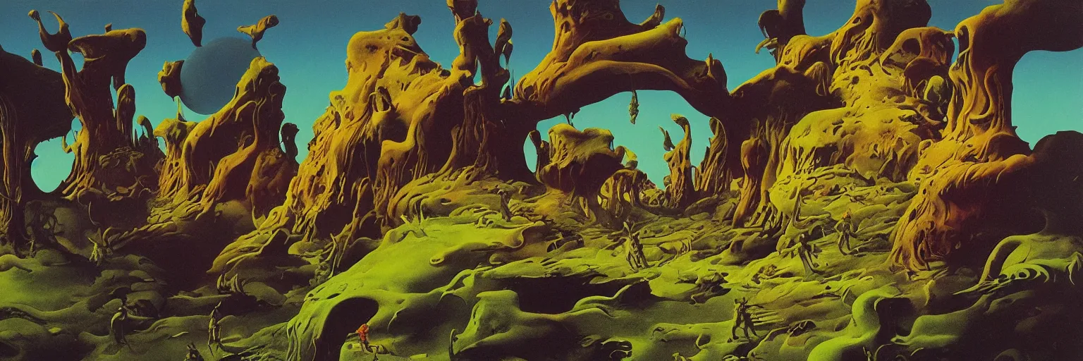 Image similar to psychedelic surreal alien landscape, by roger dean, by dean ellis, detailed high resolution, atmospheric environment, oil on canvas