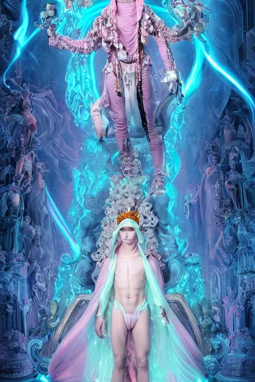 Image similar to full-body rococo and cyberpunk delicate neon crystalline sculpture of ((young muscular onyx albino prince Zayn Malik)) as an blue iridescent humanoid deity wearing ((peach plastic hooded cloak)) (holding a human skull) in a onyx castle dungeon, reclining, glowing pink face, crown of (pink lasers), large blue diamonds, swirling black silk fabric. futuristic elements. oozing glowing liquid, full-length view. space robots. intricate artwork by caravaggio. Trending on artstation, octane render, cinematic lighting from the right, hyper realism, octane render, 8k, depth of field, 3D