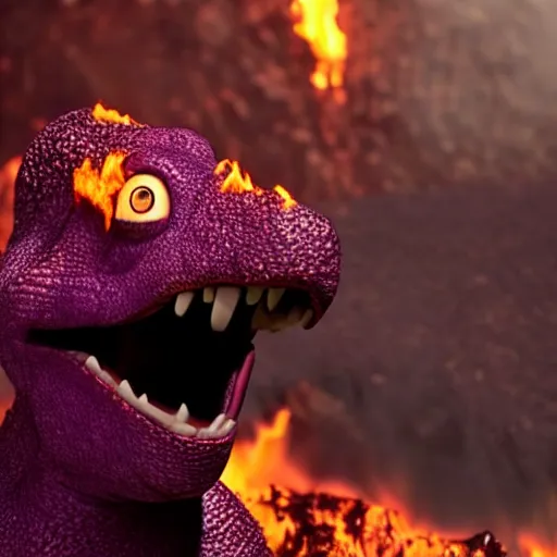 Prompt: Barney the dinosaur gets burned alive from lava coming down a volcano. pain is in his eyes