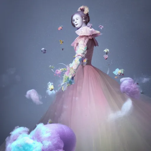 Image similar to 8 k, octane render, realism, tonalism, renaissance, rococo, baroque, portrait of a young - lady wearing long manga dress with flowers and skulls, cotton candy!! ( background chaotic flowers )