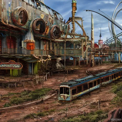 Image similar to post - apocalyptic magic kingdom, wasteland, barren, monorail, abandoned, walt disney world, highly detailed, intricate, 8 k