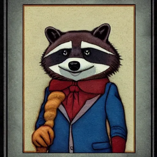 Image similar to anthropomorphic racoon, chibby, male, blue jacket