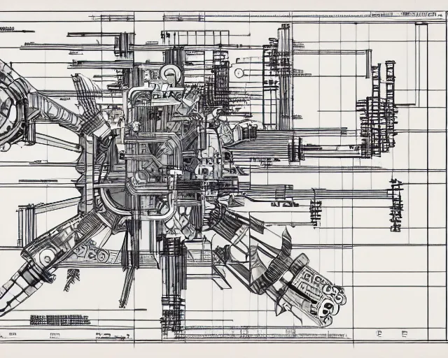 Prompt: a full page of a mechanical blueprint showing a cutaway design for a mechanized woman robot, muted colors, post grunge, studio ghibli, hq,