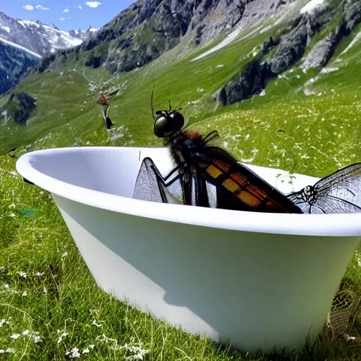 Prompt: dragonfly in a bathtub in the alps, goats!!!!! in background