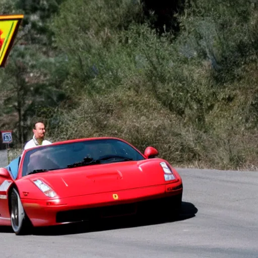 Prompt: arnold schwarzenegger driving a ferrari