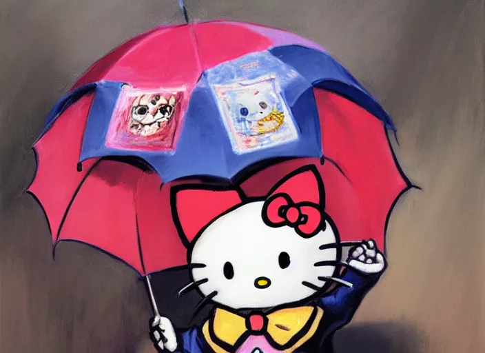 Prompt: a highly detailed beautiful portrait of hello kitty as the joker, by gregory manchess, james gurney, james jean