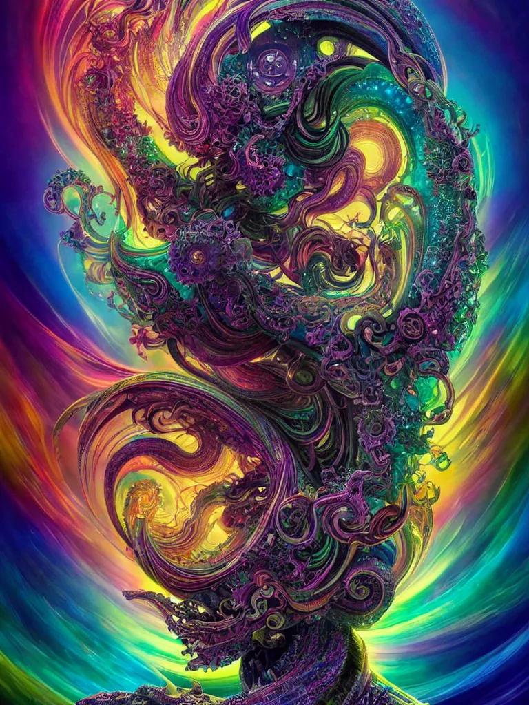 Prompt: depicting a wrathful technological nightmare monster god, in the style of lisa frank, exuberant organic elegant forms, by karol bak and filip hodas : : 1. iridescent, multicolored, holographic intricate mandala explosions : : intuit art : : turbulent clouds backdrop : : damask wallpaper : : atmospheric