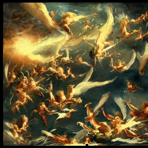 Image similar to thousands of rebel angels falling from heaven as meterorites, epic lighting, disaster clouds, michael bay style