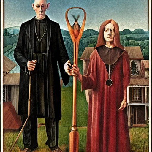 Image similar to baphomet and aleister crowley in the style of american gothic