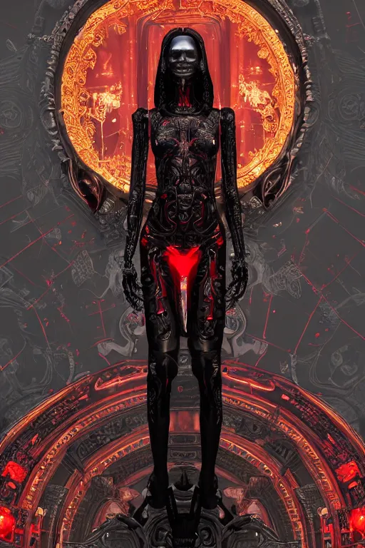 Image similar to full-body cyberpunk style sculpture of a young beautiful dark priestess, half android with a head opening exposing circuitry, glowing red eyes, black roses, flowing blood-red colored silk, fabric, candles. baroque elements, human skull. full-length view. baroque element. intricate artwork by caravaggio. crows flying in background. Trending on artstation, octane render, cinematic lighting from the right, hyper realism, octane render, 8k, depth of field, 3D