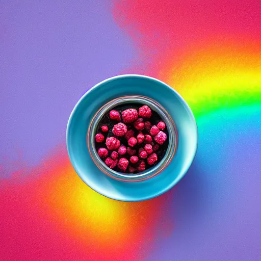 Prompt: raspberry, blueberry, vanilla smoothie, intricate complexity, inverted neon rainbow drip paint, trending on art station, photoreal, 8 k, octane render